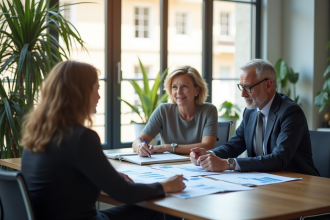 Conseiller financier avec couple dans un bureau lumineux