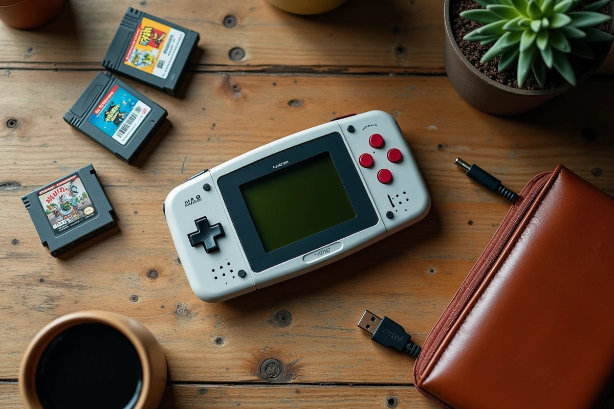 Console de jeu portable rétro avec cartouches et accessoires posés sur un bureau en bois ancien, vue de dessus