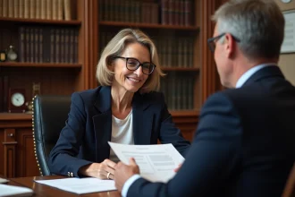 Une femme mature en consultation avec un notaire dans un bureau officiel pour des questions de succession