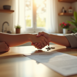Deux jeunes serrant la main avec contrat et clés dans un appartement lumineux