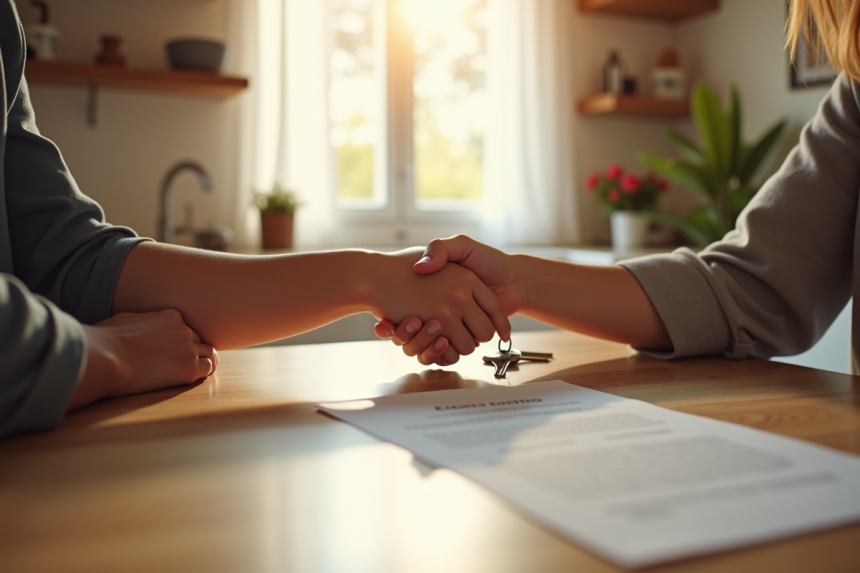 Deux jeunes serrant la main avec contrat et clés dans un appartement lumineux