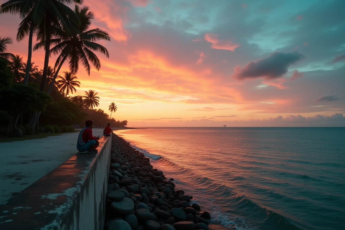 Coucher de soleil sur la côte de Kourou en Guyane française avec des pêcheurs assis sur la digue face à l'océan Atlantique