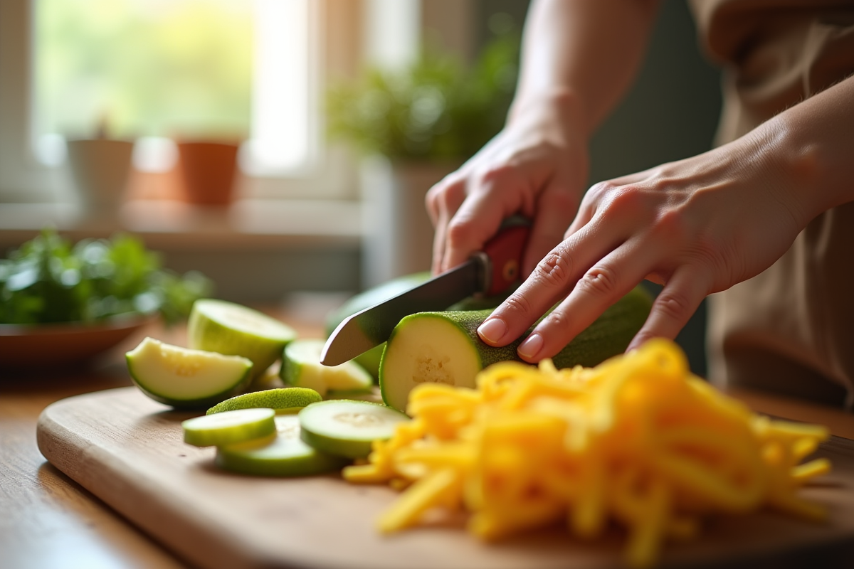 Mains coupant des courgettes jaunes dans une cuisine ensoleillee