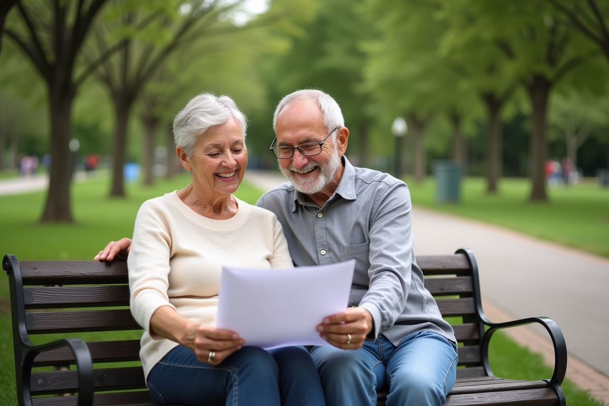 Couple âgé souriant en plein air en examinant un plan financier