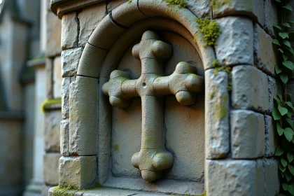 Croix de Lorraine sculptée en pierre sur la façade d'une cathédrale médiévale, texture de calcaire moussu et lierre