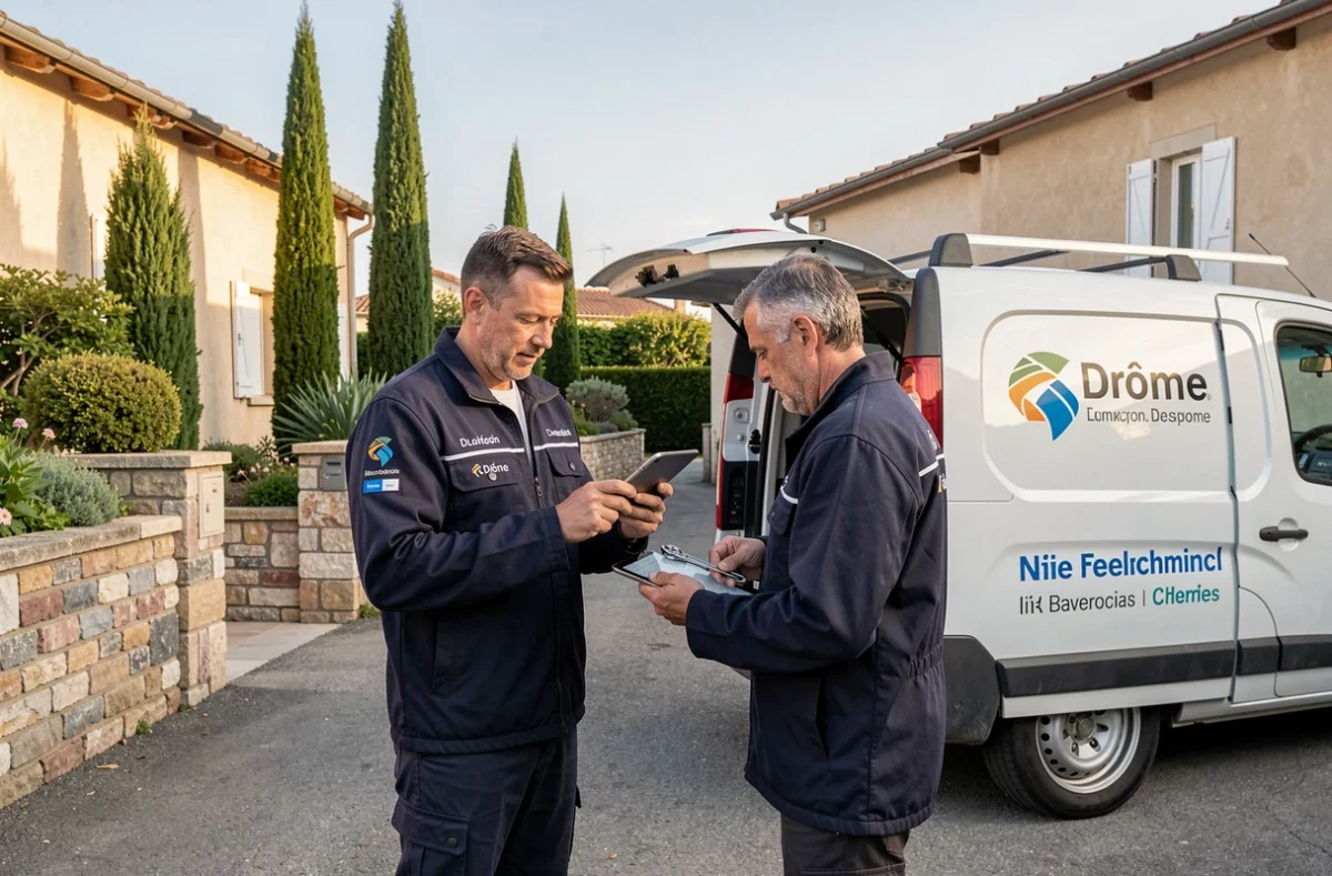 Deux serruriers du réseau Depanneo coordonnant une intervention à domicile dans la Drôme