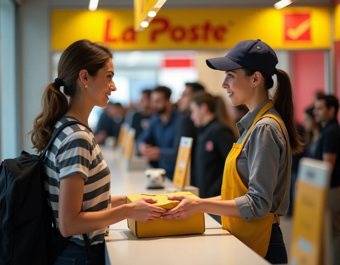 Femme remettant un colis Colissimo à un agent au guichet d'un bureau de La Poste