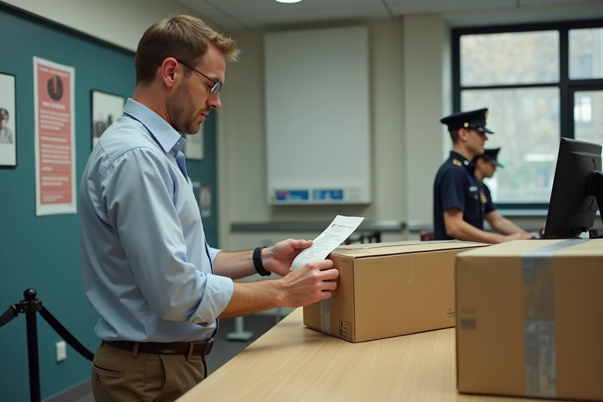 Client déposant un colis de retour au comptoir de la poste avec reçu de dépôt