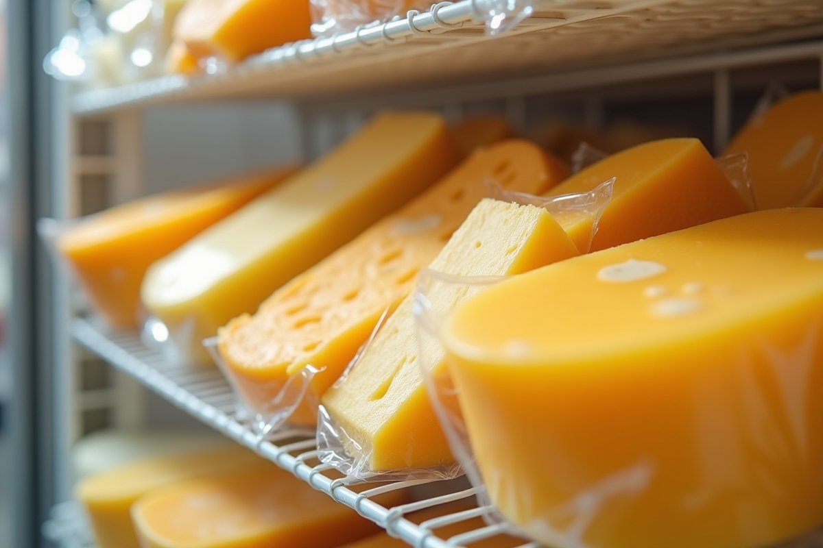 Plusieurs variétés de fromages emballés sur une étagère
