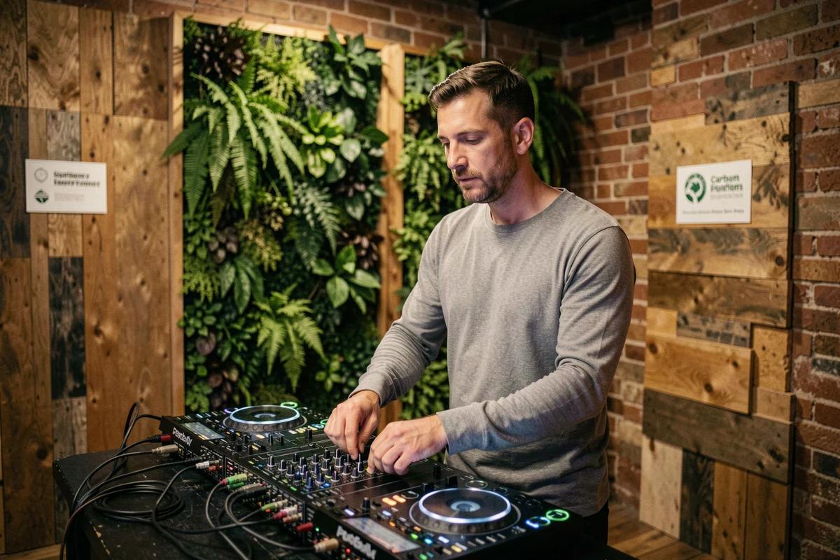 DJ masculin en t-shirt bio derrière ses platines sur une scène ornée de murs végétaux et de bois recyclé dans un club de techno éco-responsable