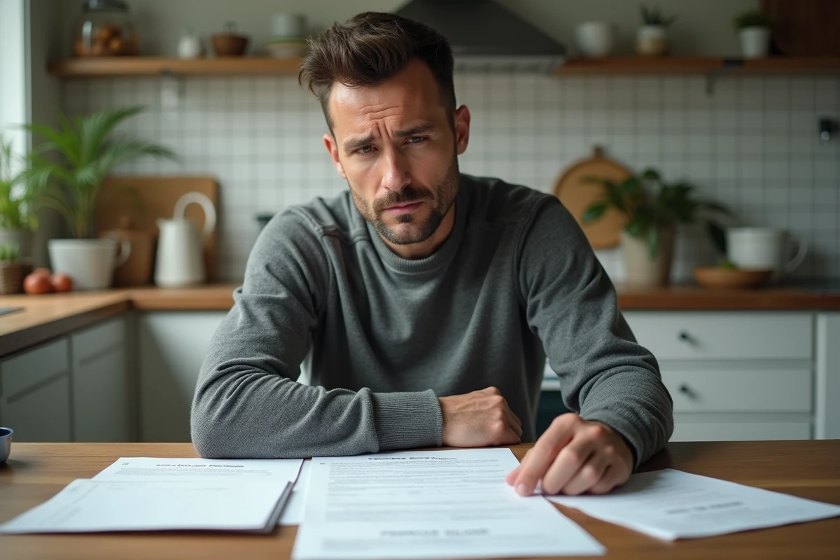 Un homme consultant des documents de succession à domicile avant un rendez-vous notarial gratuit