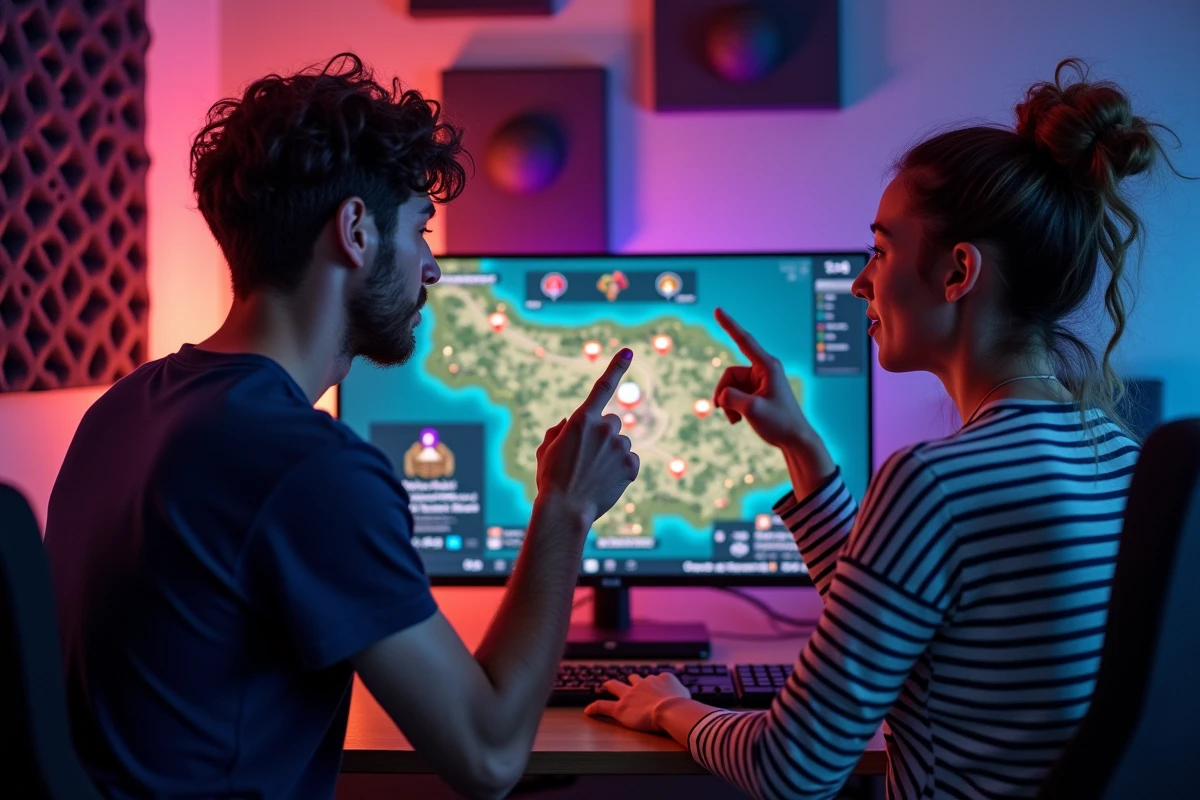 Deux joueurs adultes analysant ensemble une carte de progression de quête Dofus Pourpre sur grand écran dans une salle de jeu dédiée