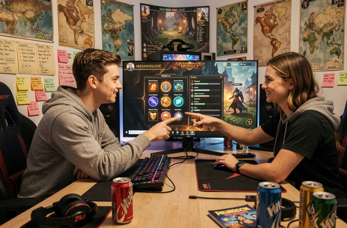 Deux joueurs collaborant devant un écran d'achievements dans une salle de jeu dédiée, partageant des stratégies pour compléter le succès Dofus L'occasion fait le larron
