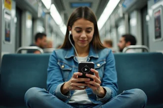 Jeune femme écoutant Skyrock sur son application mobile dans le métro avec des écouteurs blancs