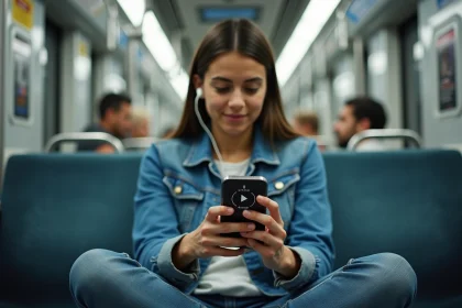 Jeune femme écoutant Skyrock sur son application mobile dans le métro avec des écouteurs blancs
