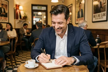 Homme souriant écrivant une blague piquante dans un carnet au café parisien