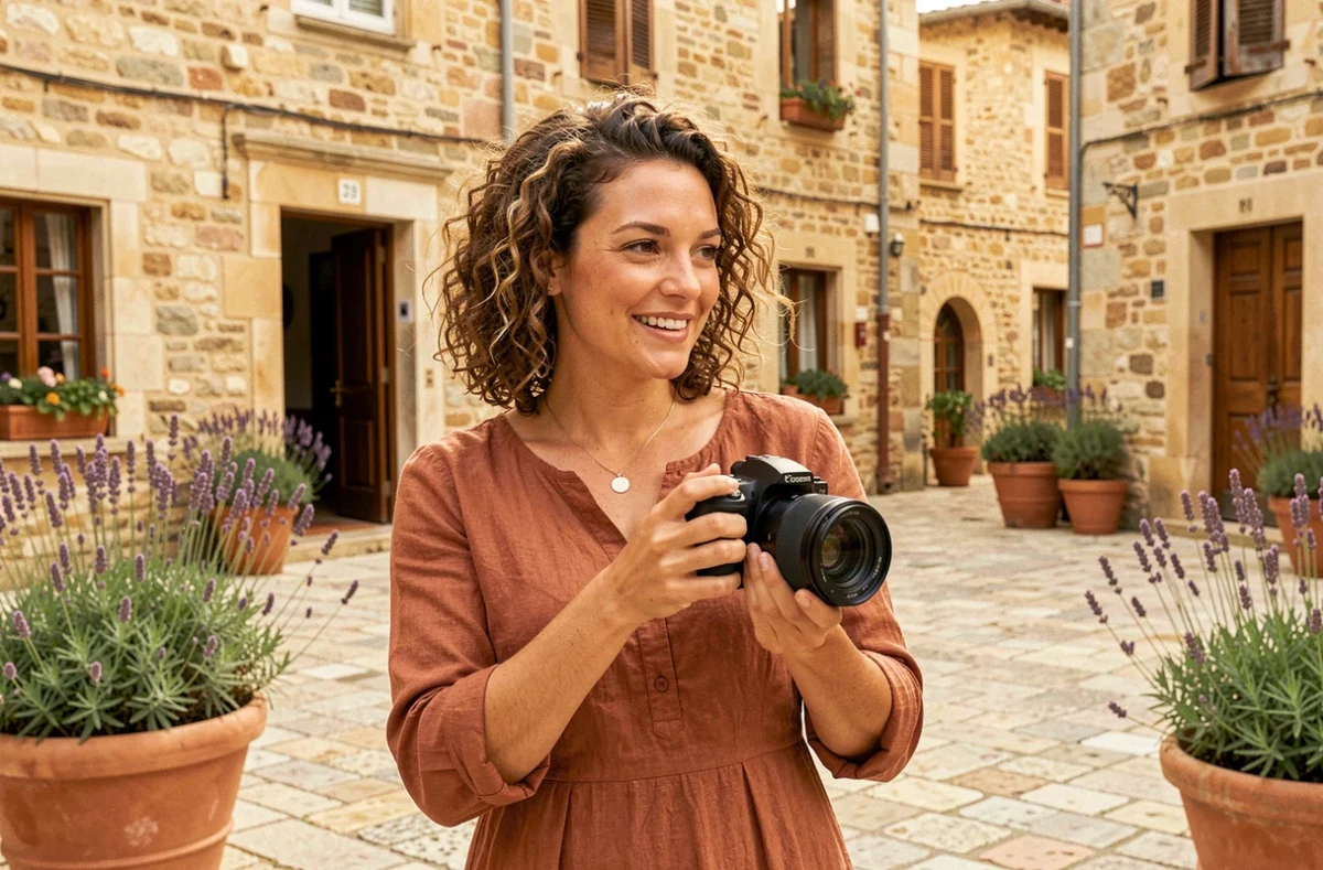 Elsa Favarcq photographe dirigeant une séance portrait en extérieur dans un village du Lot-et-Garonne