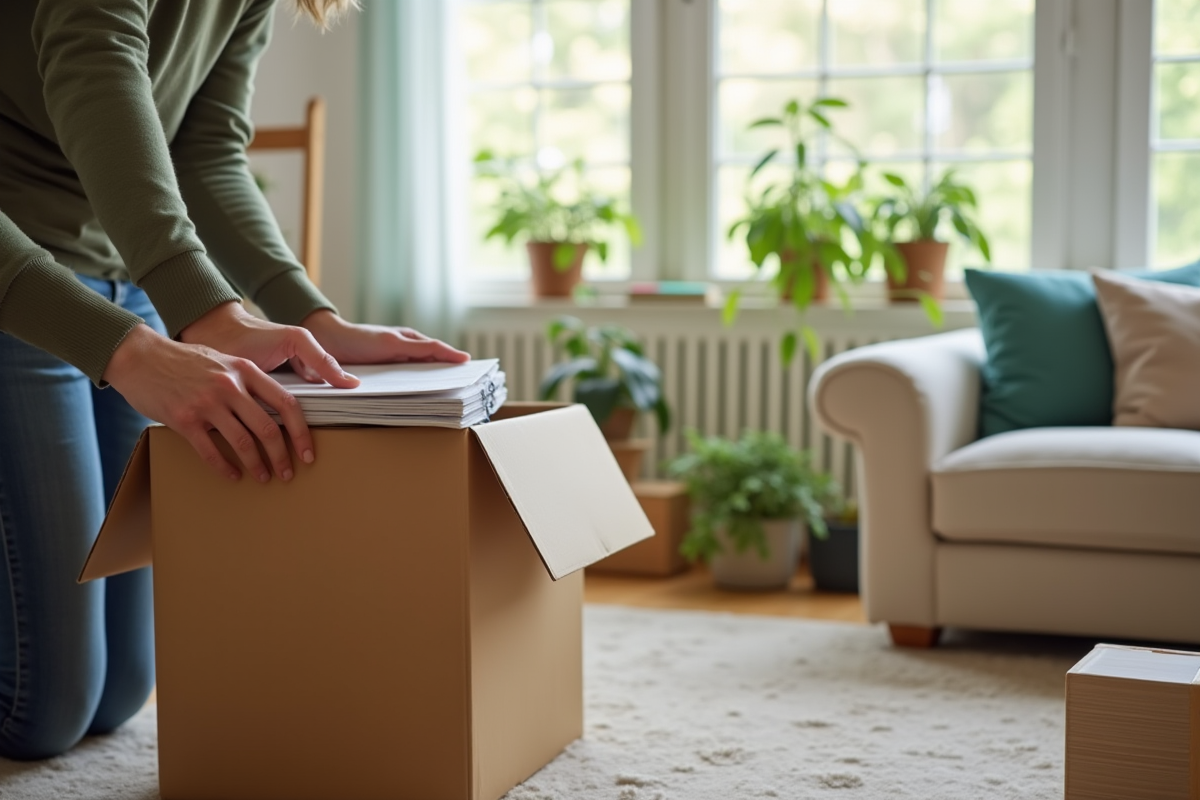 Main emballant des affaires dans une boîte en carton dans un salon lumineux