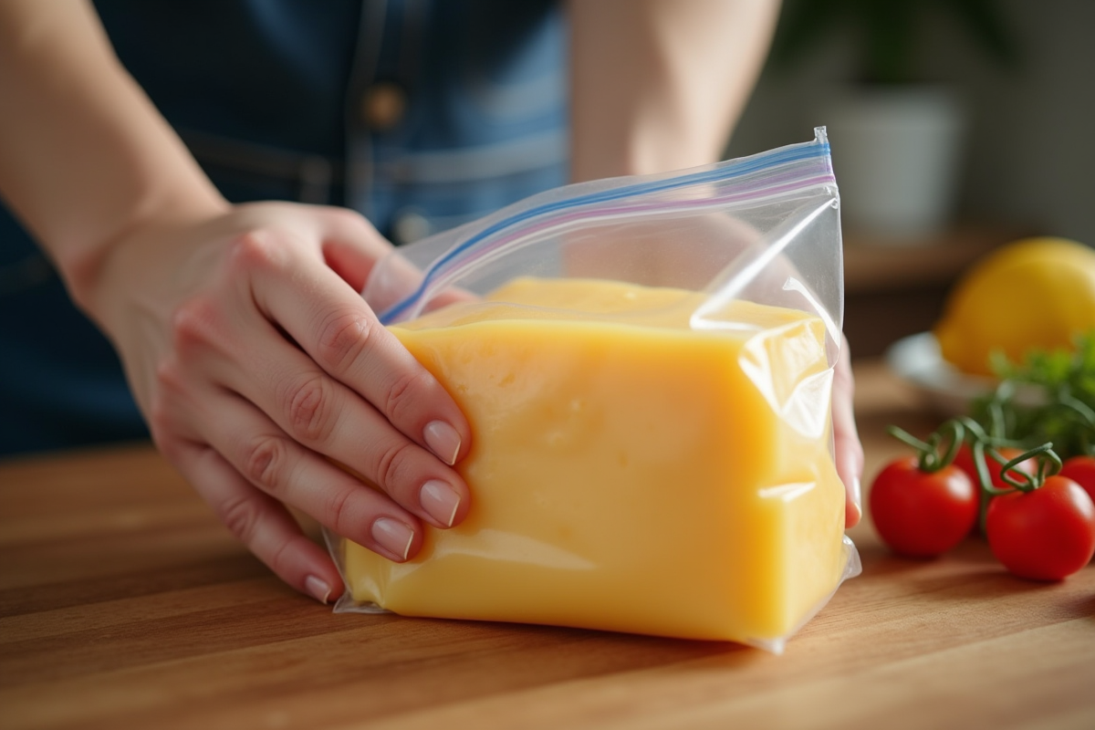 Mains plaçant un bloc de fromage dans un sac de congélation