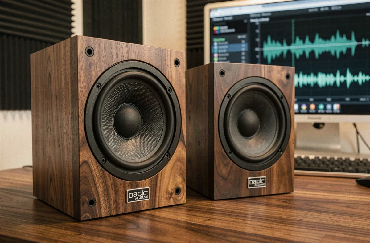 Gros plan sur des enceintes de monitoring home studio posées sur un bureau en bois avec un logiciel de calibrage affiché en arrière-plan