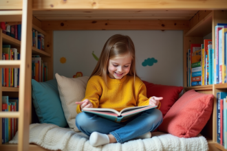 Fille souriante lisant dans un coin lecture coloré