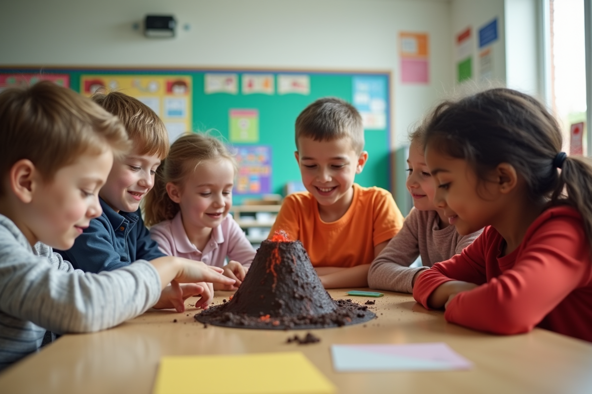 Enfants d ecole primaire collaborant sur un projet scientifique