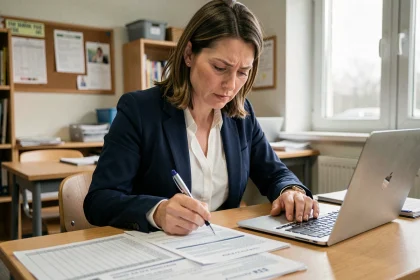 Enseignante analysant une grille de salaires imprimée à son bureau dans une salle des professeurs