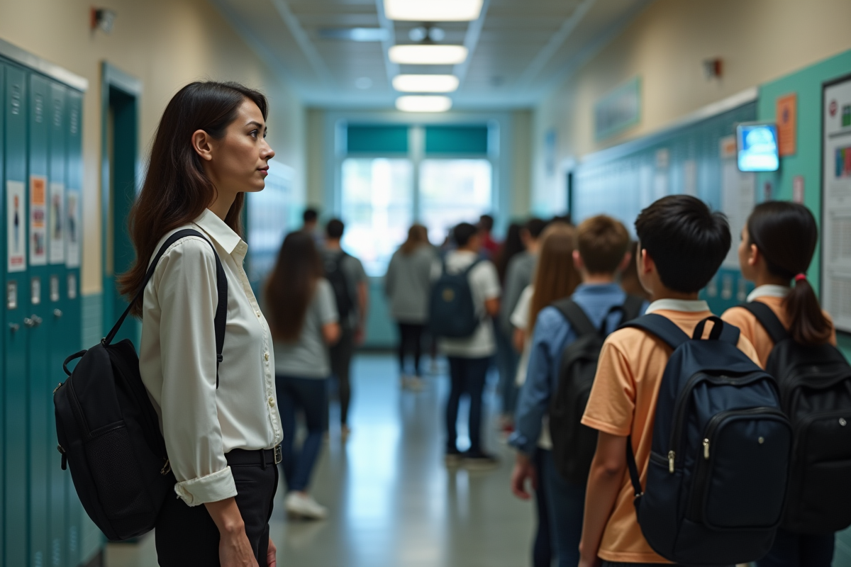Professeure observant des élèves avec dispositifs AR dans le couloir