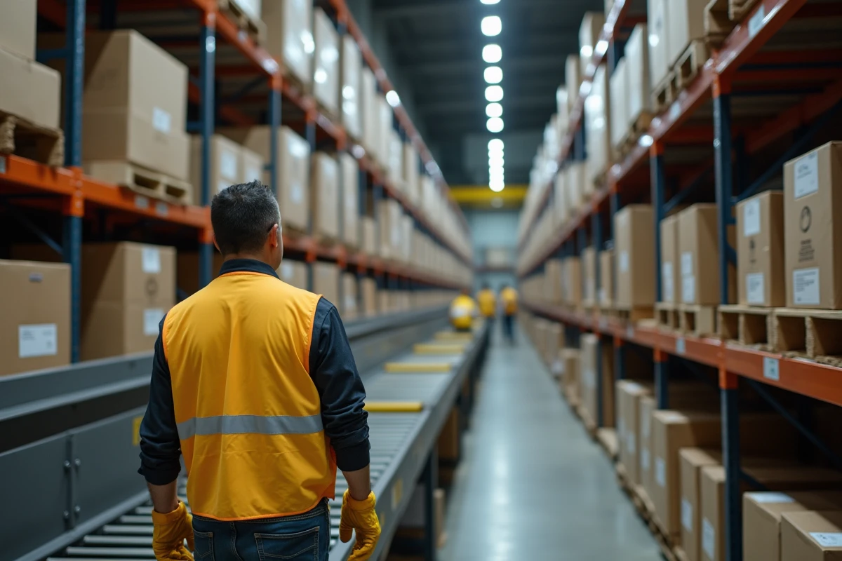 Entrepôt de tri de colis DPD avec convoyeurs et agent logistique supervisant l'acheminement