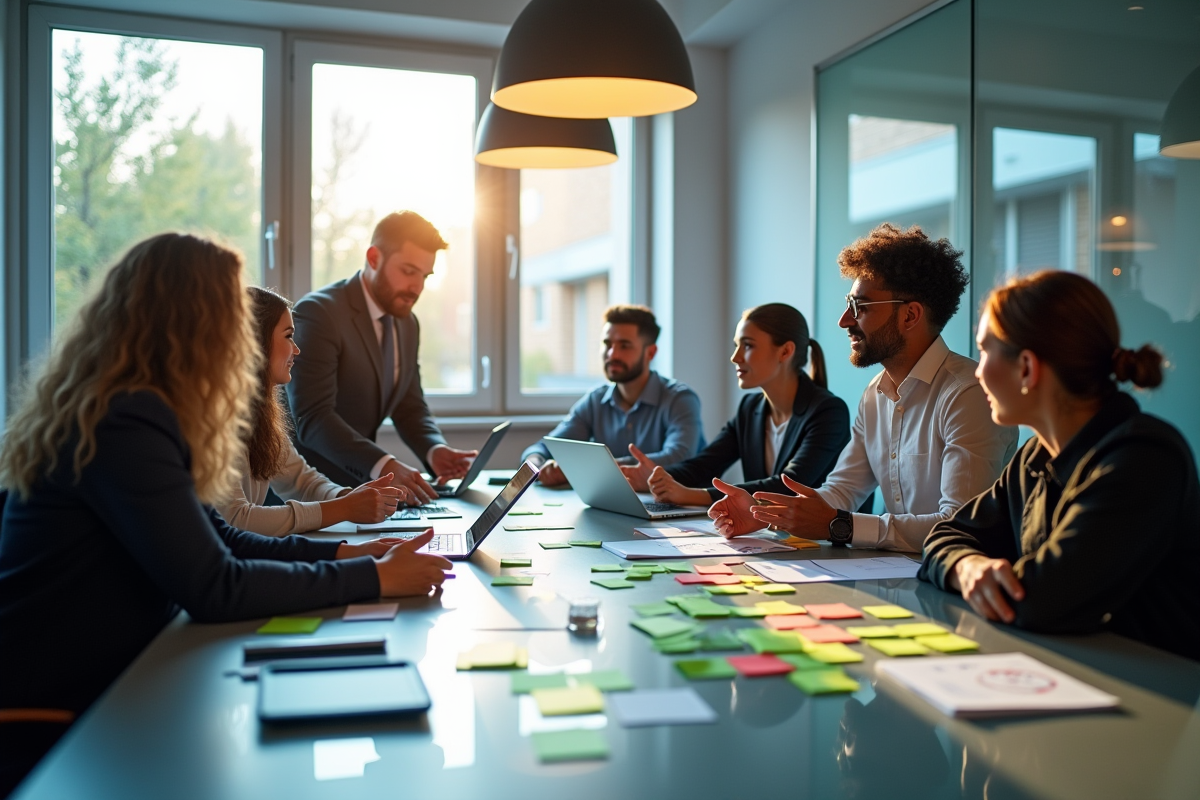 Equipe diversifiee en brainstorming avec sticky notes
