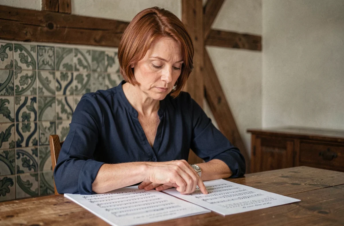Femme étudiant les paroles de La Strasbourgeoise en version courte et longue sur une table alsacienne