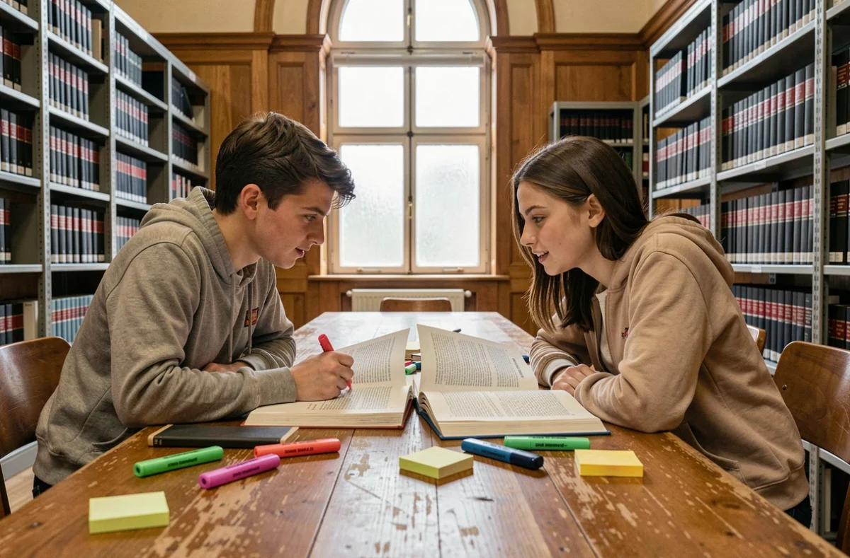 Deux étudiants en droit analysant l'arrêt Perdereau sur la tentative impossible dans une bibliothèque universitaire juridique