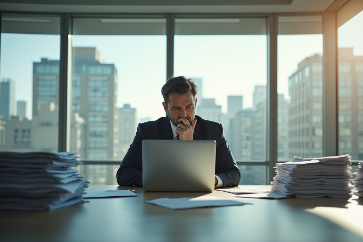 Cadre d'affaires pensif seul à une table vide