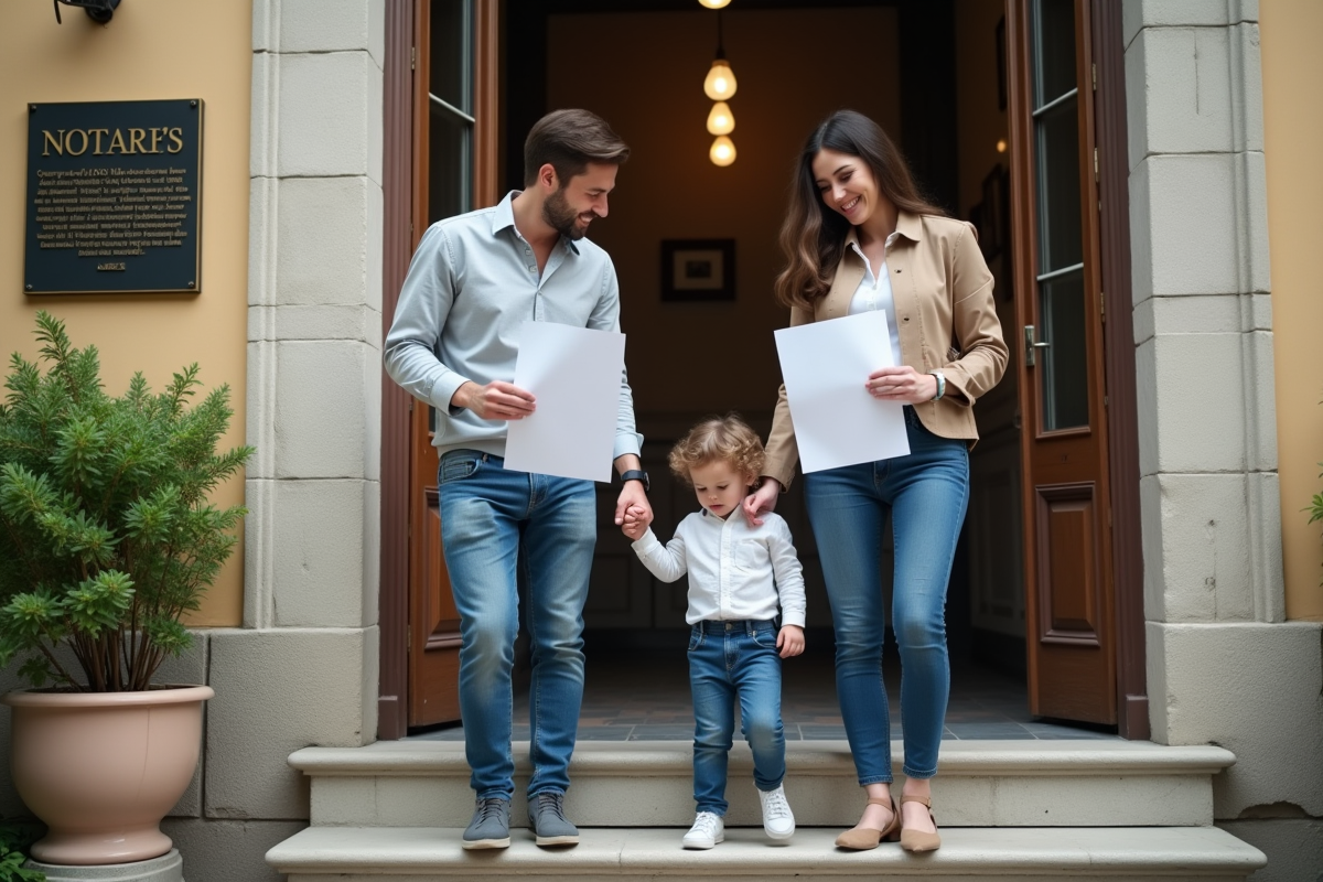 Famille heureuse devant un bureau de notaire avec documents officiels