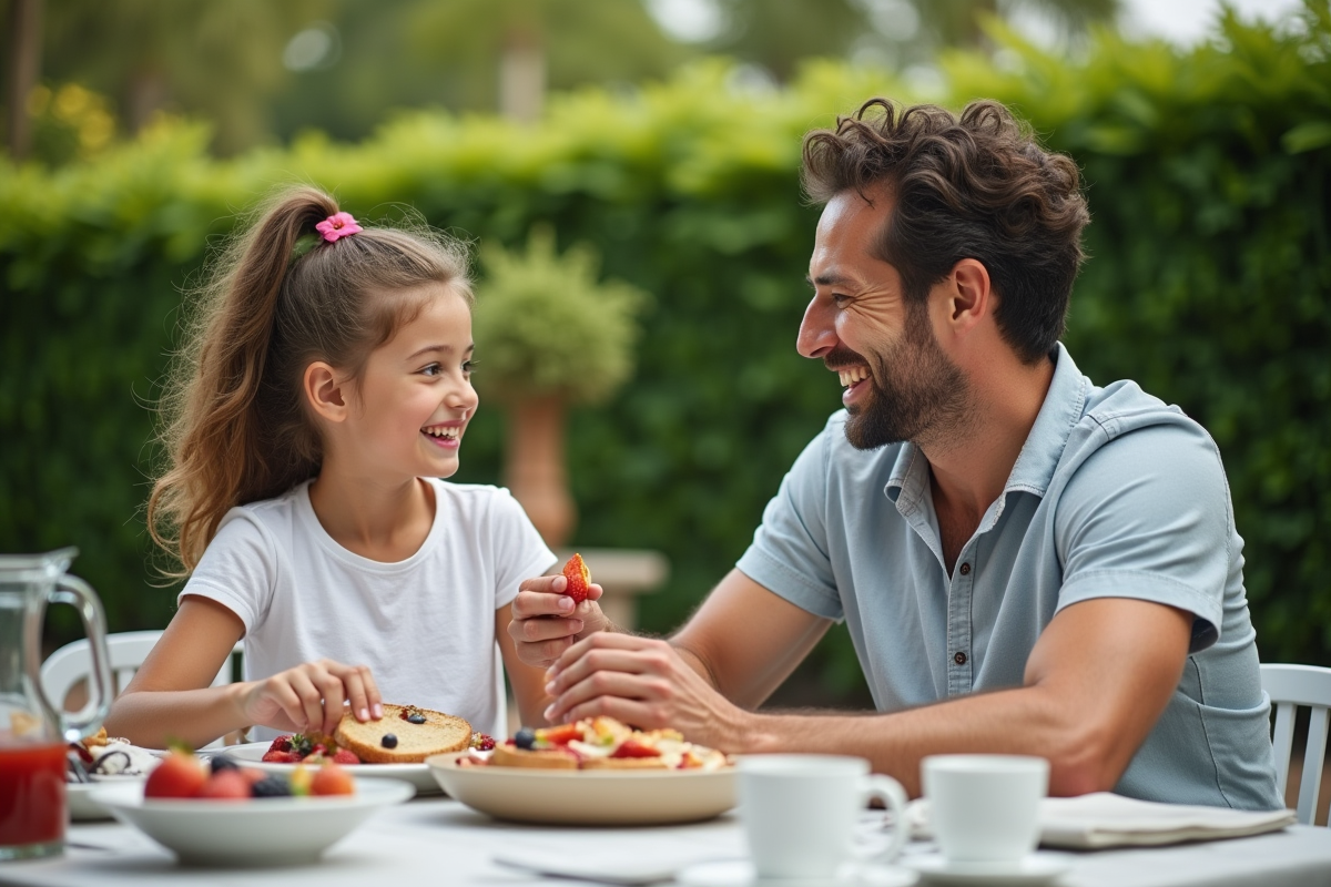 Homme et fille partageant un petit déjeuner en extérieur