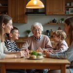 Famille de trois générations réunie autour d'un dîner chaleureux