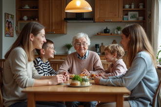 Famille de trois générations réunie autour d'un dîner chaleureux