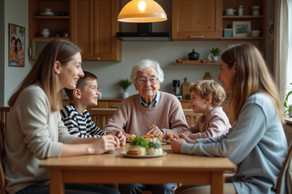 Famille de trois générations réunie autour d'un dîner chaleureux