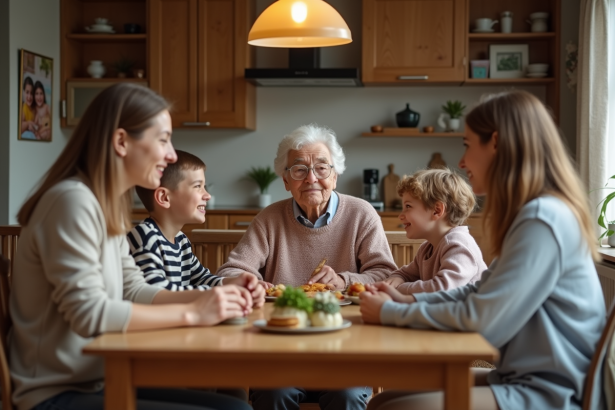 Famille de trois générations réunie autour d'un dîner chaleureux