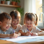 Famille souriante à la table de cuisine en lumière douce