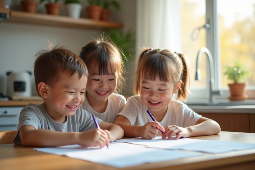 Famille souriante à la table de cuisine en lumière douce