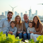 Famille multigenerational souriante sur un rooftop urbain vert
