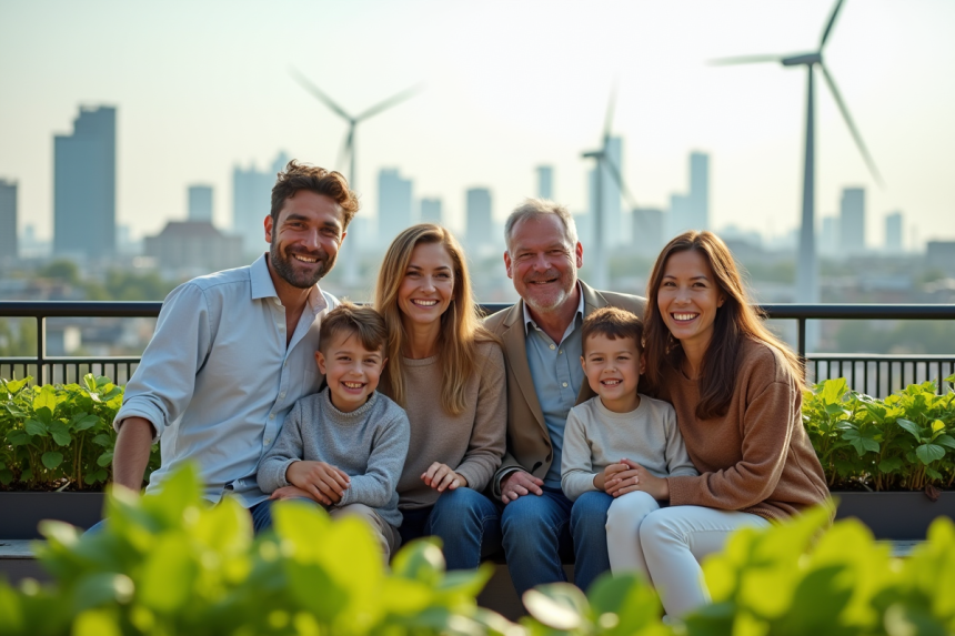 Famille multigenerational souriante sur un rooftop urbain vert