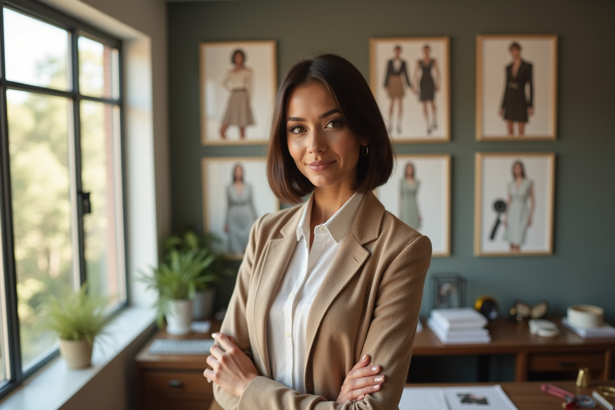 Femme confiante avec coupe bob dans un bureau de mode moderne