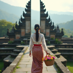 Femme balinaise en kebaya montant un escalier sacré