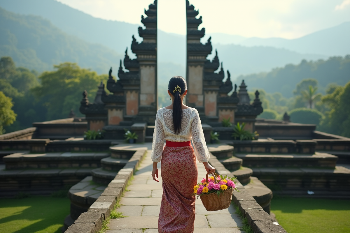 Femme balinaise en kebaya montant un escalier sacré