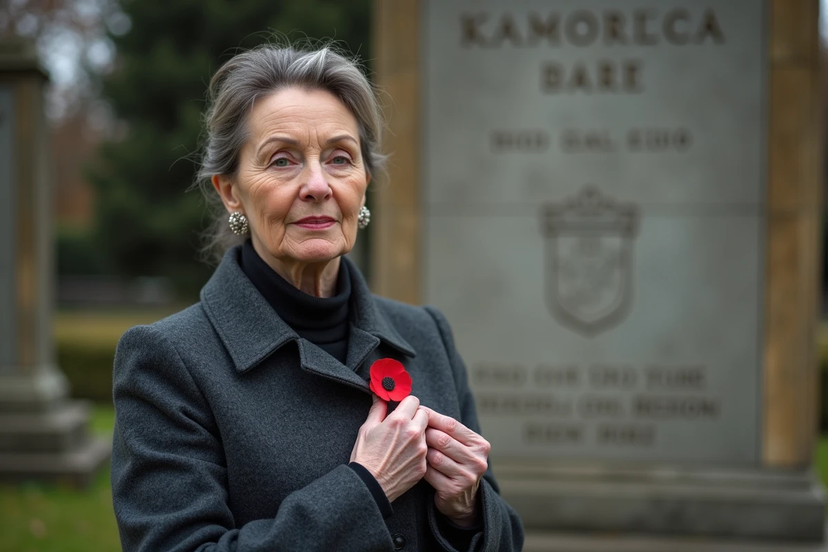 Femme épinglant une broche coquelicot rouge sur son manteau gris devant un mémorial de pierre