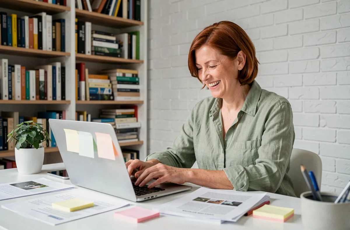 Femme riant devant son ordinateur en lisant une blague bien tournée dans son bureau à domicile
