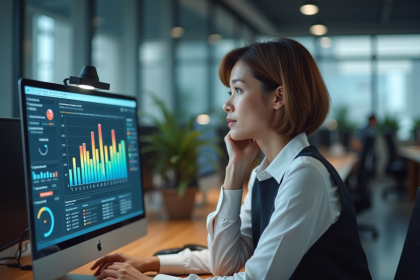 Femme d affaires concentrée sur ses graphiques de productivite