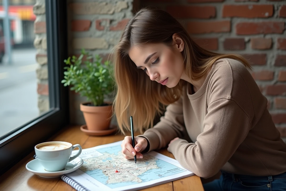 Jeune femme avec carte de serbie dans un café cosy